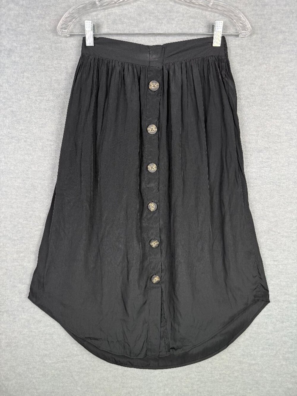 J Jill XSP Pull On Black Midi Skirt Lightweight Faux Button Front Round Hem